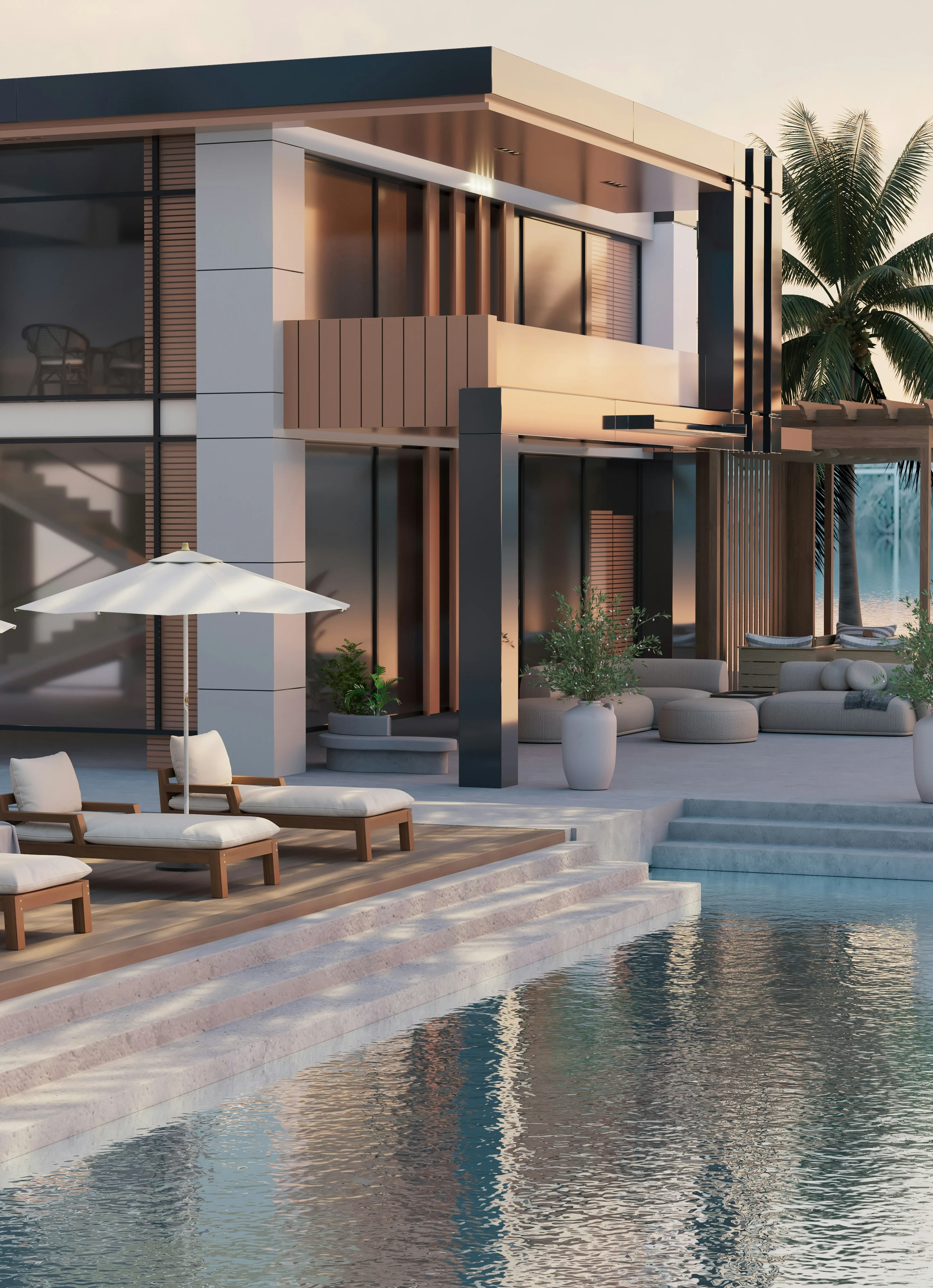 Villa exterior with pool, warm evening light